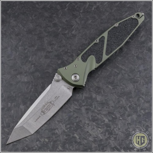 (#161-10OD) Microtech Socom Elite M/A Stonewash Plain Tanto w/ OD Green Handle - Front
