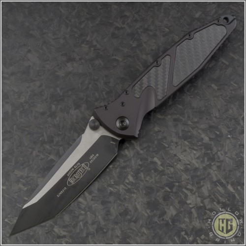 (#161-1CFI) Microtech Socom Elite M/A Tanto Black Plain w/ Carbon Fiber Inlays - Front