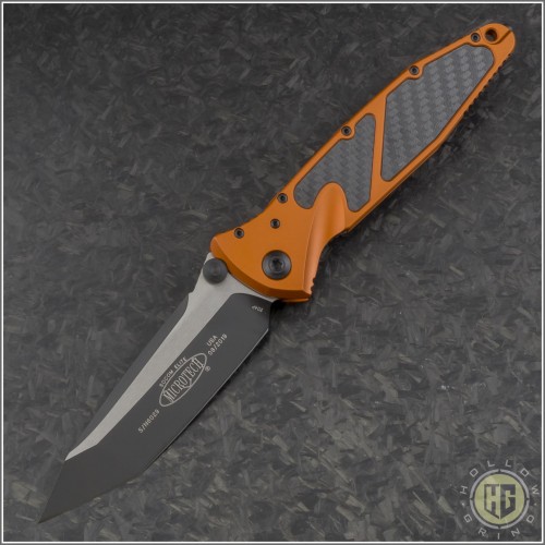 (#161-1ORCFI) Microtech Orange Socom Elite M/A Tanto Black Plain w/ Carbon Fiber Inlays - Front