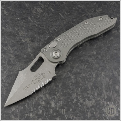 (#169-11APNC) Microtech Natural Clear Stitch Auto Apocalyptic Part Serrated - Front