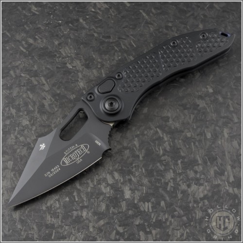 (#169-1BK-A1TI) Microtech Stitch Auto Black Tactical with Blue Titanium Backspacer - Front