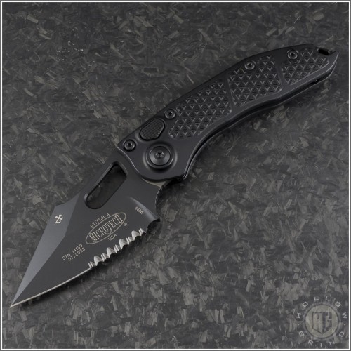 (#169-2T) Microtech Stitch Auto Black Tactical Part Serrated - Front