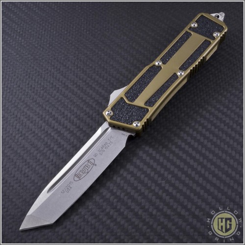 (#179-10TA) Microtech QD Scarab T/E (Tanto) Stonewash Plain w/ Tan Handle - Front
