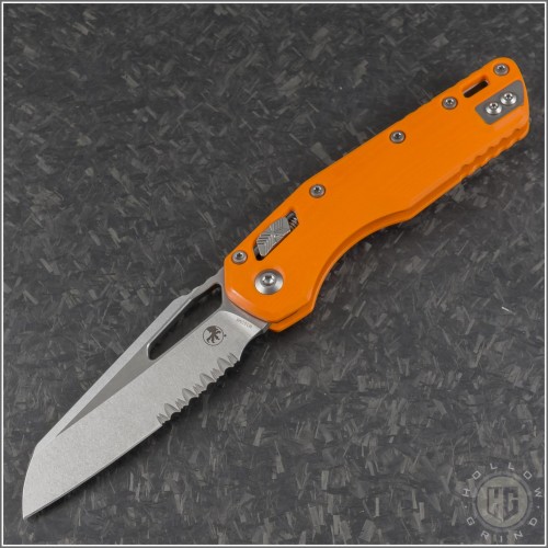 (#210-11GTOR) Microtech Orange MSI Wharncliffe Ram-Lok Stonewash Part Serrated - Front