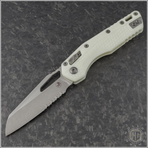 (#210T-11APPMWH) Microtech White MSI Wharncliffe Ram-Lok Apocalyptic Part Serrated - Front