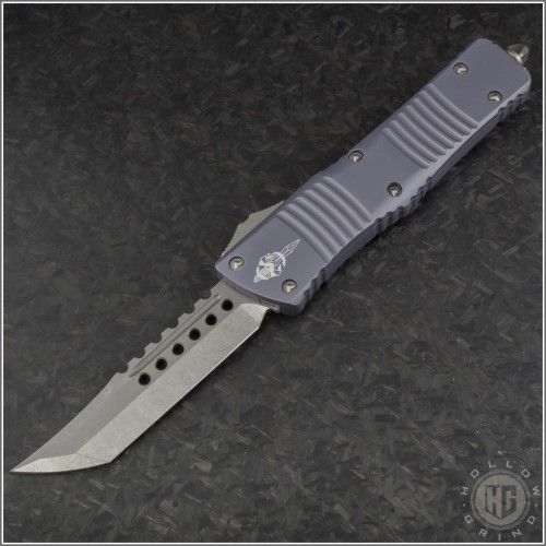 (#219-10GYS) Microtech Gray Combat Troodon Hellhound Tanto Stonewash Plain - Front