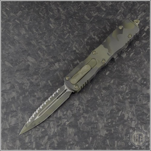 (#225-3OCS) Microtech Knives Olive Camo Dirac D/E Camo Fully Serrated - Front
