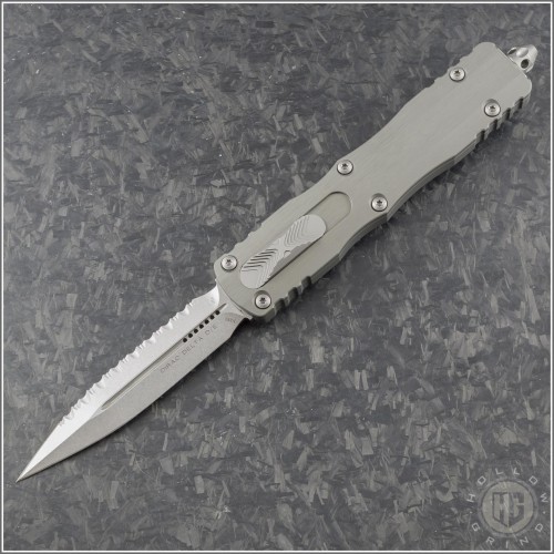 (#227-12NC) Microtech Knives Natural Clear Dirac Delta D/E Stonewash Full Serrated - Front