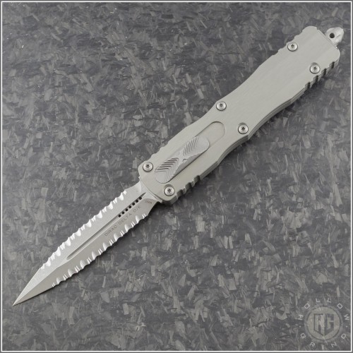 (#227-D12APNC) Microtech Knives Natural Clear Dirac Delta D/E Stonewash Full Serrated - Front