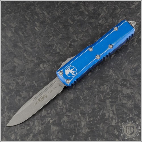 (#231-10DBL) Microtech Distressed Blue UTX-85 S/E Apocalyptic Plain - Front