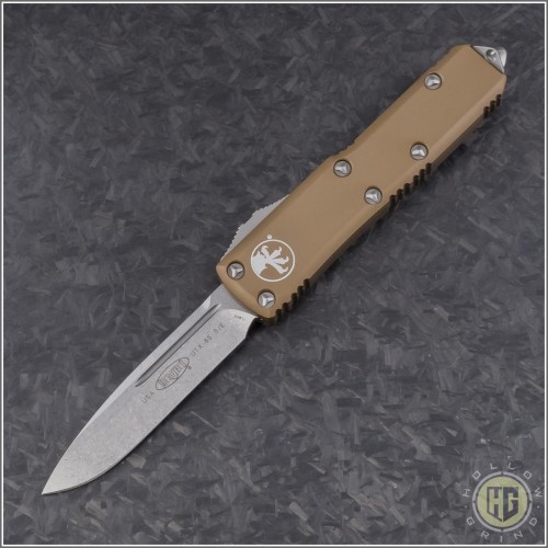 (#231-10TA) Microtech UTX-85 S/E Stonewash Plain w/ Tan Handle - Front