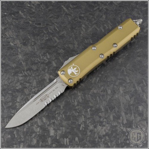 (#231-11TA) Microtech Tan UTX-85 S/E Stonewash Part Serrated - Front
