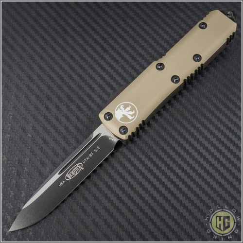 (#231-1TA) Microtech Red UTX-85 S/E Black Plain w/ Tan Handle - Front