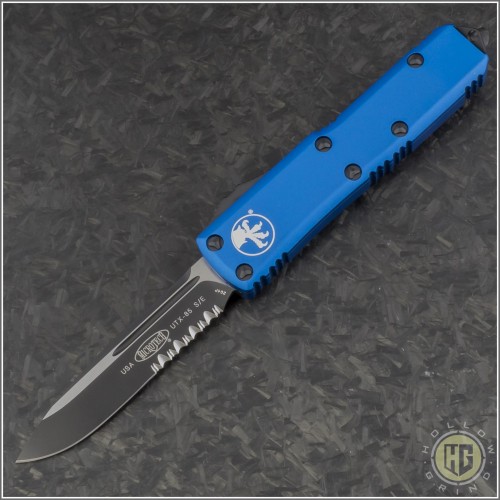 (#231-2BL) Microtech Blue UTX-85 S/E Black Part Serrated - Front