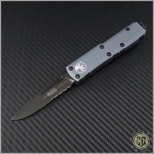 (#231-2DLCGY) Microtech Gray UTX-85 S/E Black DLC Part Serrated - Front