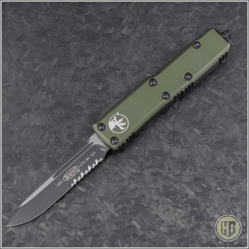(#231-2OD) Microtech OD Green UTX-85 S/E Black Part Serrated - Front
