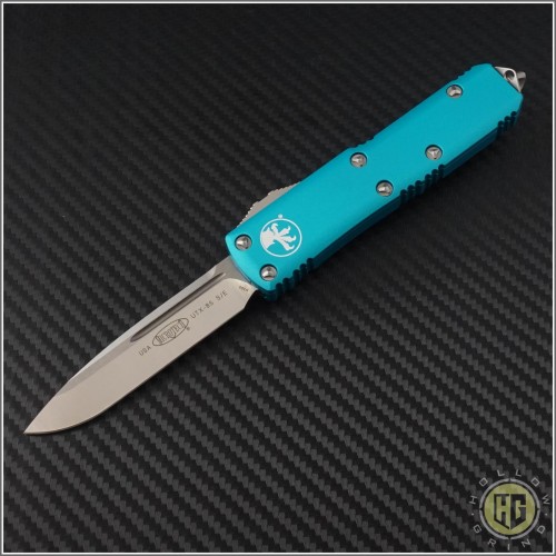 (#231-4TQ) Microtech UTX-85 S/E Satin Plain w/ Turquoise Handle - Front