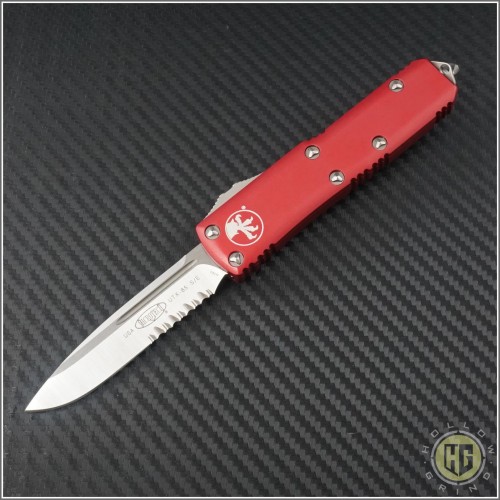 (#231-5RD) Microtech UTX-85 S/E Satin Part Serrated w/ Red Handle - Front