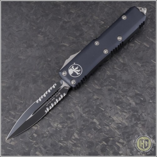 (#232-2) Microtech UTX-85 D/E Black Part Serrated - Front