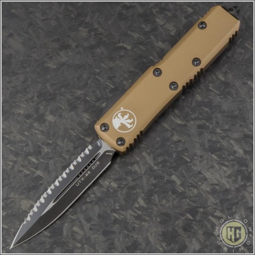 (#232-3TA) Microtech Tan UTX-85 D/E Black Full Serrated - Front