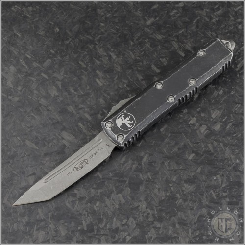 (#233-10DBK) Microtech Distressed Black UTX-85 T/E Apocalyptic Plain - Front