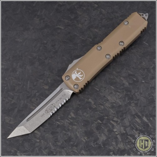 (#233-11TA) Microtech UTX-85 T/E Stonewash Partially Serrated w/ Tan Handle - Front
