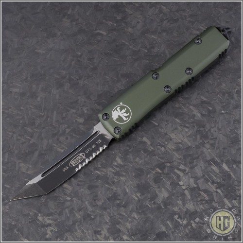 (#233-2OD) Microtech UTX-85 T/E Black Partially Serrated w/ OD Green Handle - Front