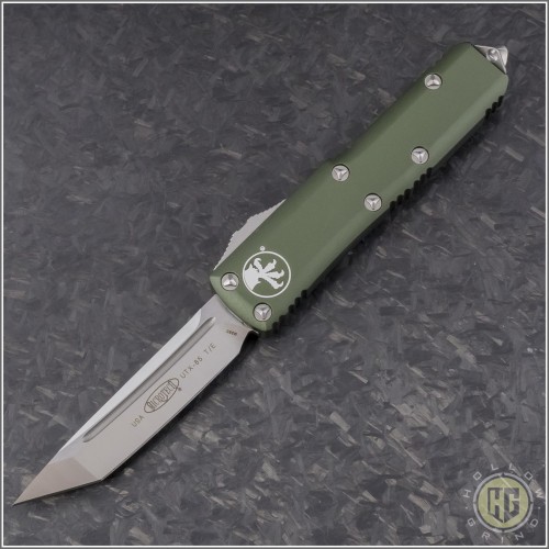(#233-4OD) Microtech UTX-85 T/E Satin Plain w/ OD Green Handle - Front