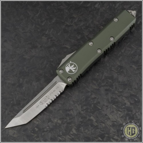 (#233-5OD-204P) Microtech UTX-85 T/E Satin Partially Serrated w/ OD Green Handle - Front