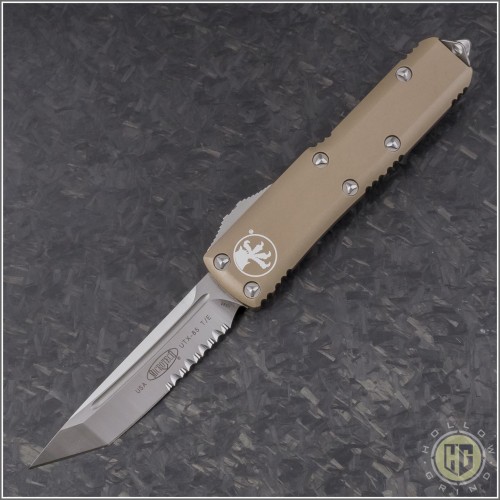 (#233-5TA) Microtech UTX-85 T/E Satin Partially Serrated w/ Tan Handle - Front