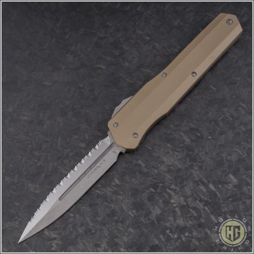 (#242S-12TA) Microtech Cypher D/E Fully Serrated w/ Tan Handle - Front