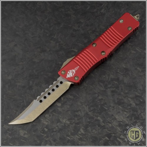 (#619-13RD) Microtech Troodon Hellhound Tanto Bronzed Plain w/ Red Handle - Front