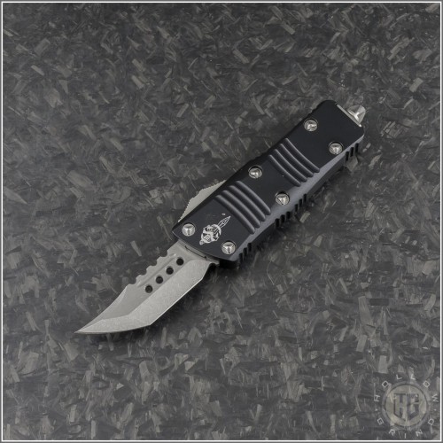 (#819-10S) Microtech Mini Troodon Hellhound Tanto Stonewash Plain - Front