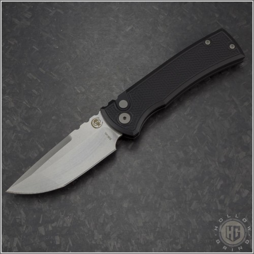 (#CK-PT229-BKS-TE) Chaves Knives Spiral Stipple Protech Collab 229 Auto Tanto Stonewash Black Handle - Front