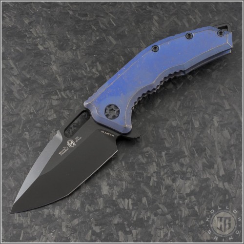 (#HTK-H009-6A-TIBLU) Heretic Knives Antique Blue Ti Medusa Flipper T/E DLC - Front