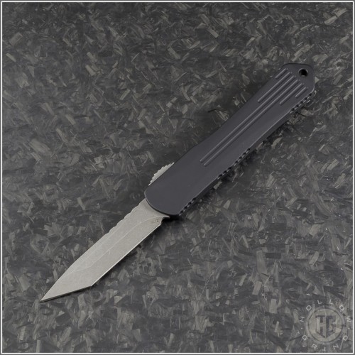 (#HTK-H023-5A) Heretic Knives Manticore S T/E Battleworn Blade with Black Handle and Battleworn Hardware - Front