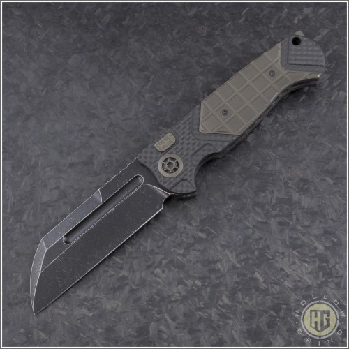 (#HTK-H034-4A-BR) Heretic Knives Auto Butcher Black Plain - CF Handle w/ Bronzed Ti - Front