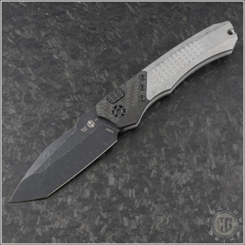 (#HTK-H100-8A-BLIZZARD) Heretic Knives Wraith Auto Blizzardworn with Battleworn Black Tanto blade - Front
