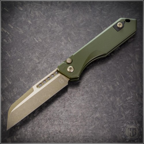 (#HTK-H113-7A-GRN) Heretic Knives OD Green Jinn Auto Bronzed Wharncliffe - Front