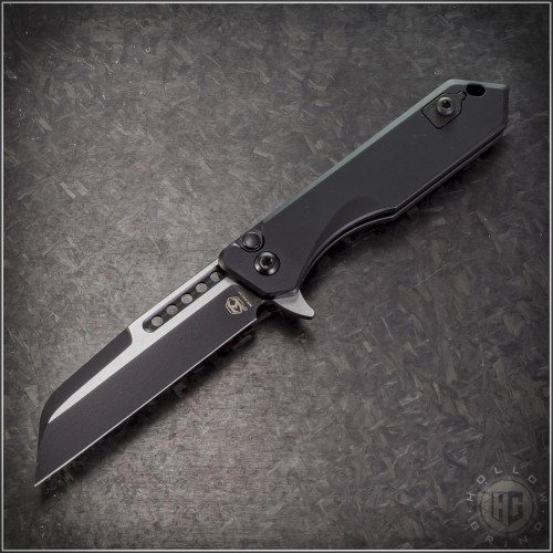 (#HTK-H213-10A-T) Heretic Knives Jinn Button Lock Flipper Black Tactical Wharncliffe - Front