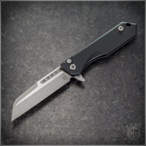 (#HTK-H213-5A) Heretic Knives Jinn Button Lock Flipper Battleworn Wharncliffe - Front