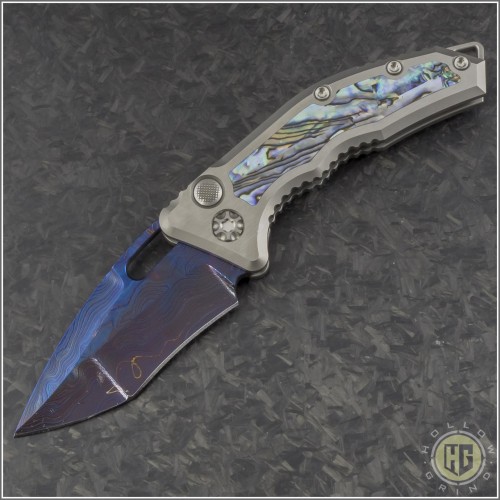 (#HTK-MED-AB1) Heretic Knives Custom Medusa Abalone Inlay Blued Damascus Recurve - Front