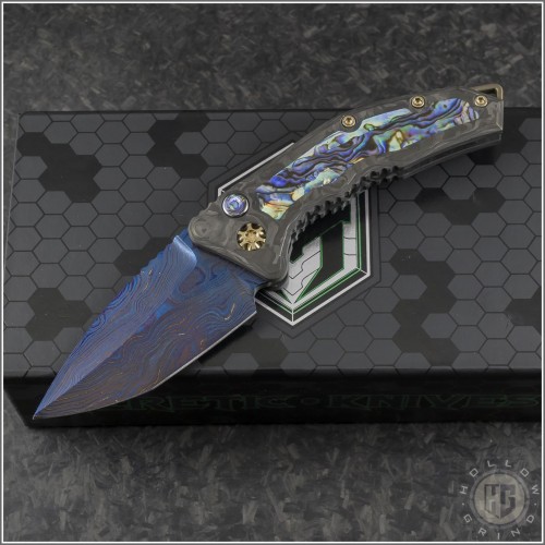 (#HTK-MEDC-001) Heretic Knives Custom Carbon Fiber Medusa w/ Abalone Inlay Blued Damascus Tanto - Front