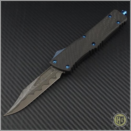 (#MTC-0200) Marfione Custom Combat Troodon Damascus Bowie w/ Carbon Fiber Top - Front