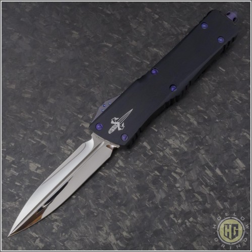 (#MTC-0254) Marfione Combat Troodon D/E Mirror Polished, Black Hefted Handle w/ Purple Haze Hardware - Front