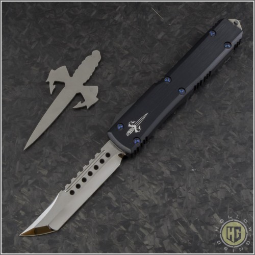(#MTC-0313) Microtech Custom Ultratech Hellhound Tanto Mirror Polished w/ Black Hefted Handle - Front
