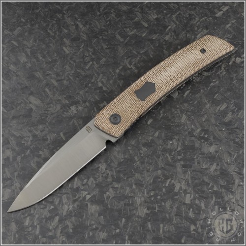 (#OES-F22-BRMBK) J. Oeser Knives F22 Kickstop Brown Micarta Black Hardware - Front
