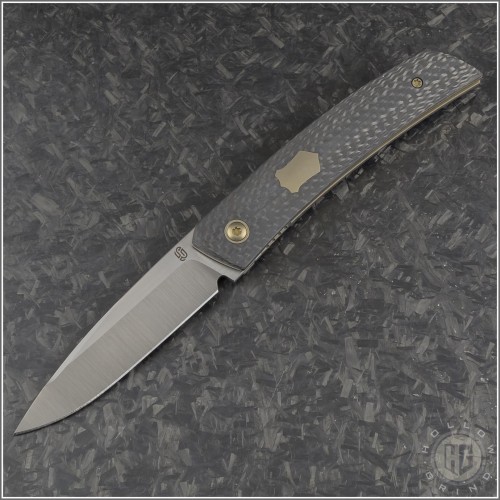 (#OES-F22-CFBR) J. Oeser Knives F22 Kickstop Carbon Fiber Handle Bronze Hardware - Front