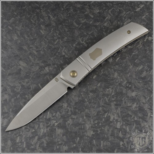 (#OES-F22-TIBR) J. Oeser Knives F22 Kickstop Titanium Handle Bronze Hardware - Front