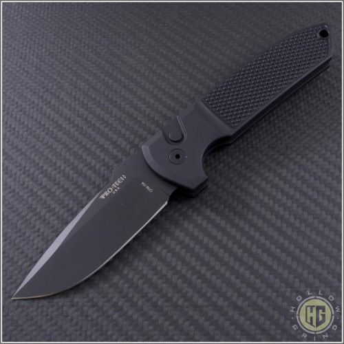 (#PT-LG203) Protech Les George Rockeye 3.375 Black Partially Serrated - Textured Handle - Front